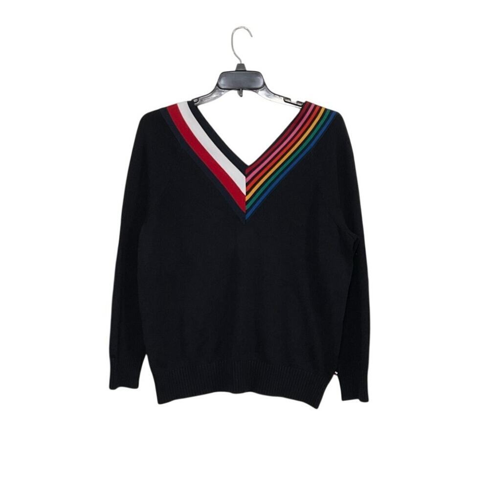 Tommy Hilfiger Black Sweater Cotton Blend V-Neck Rainbow Pride Size Large - Picture 6 of 6